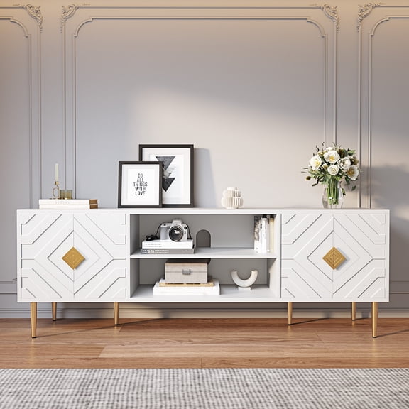 HLR Modern 70" TV Stand, for TVs up to 80", Living Room Entertainment Center with 4 Door Storage Cabinet, White