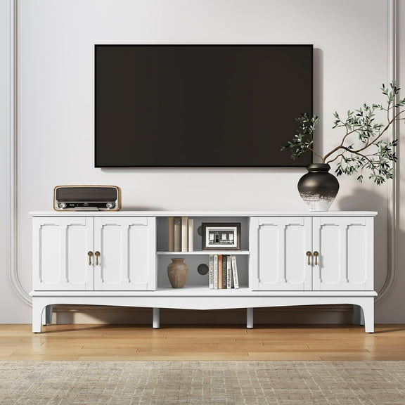 HLR Modern 67" TV Stand, for TVs up to 75", Entertainment Center with Curved Base for Living Room, White