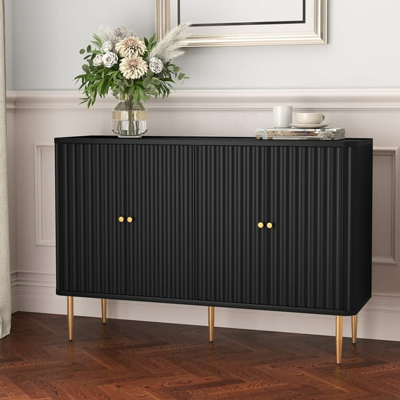 HLR 48" Modern Accent Cabinet - Buffet Sideboard Credenza with 4 Doors, Removable Shelves, Storage for Entryway, Living Room & Dining Room, Black