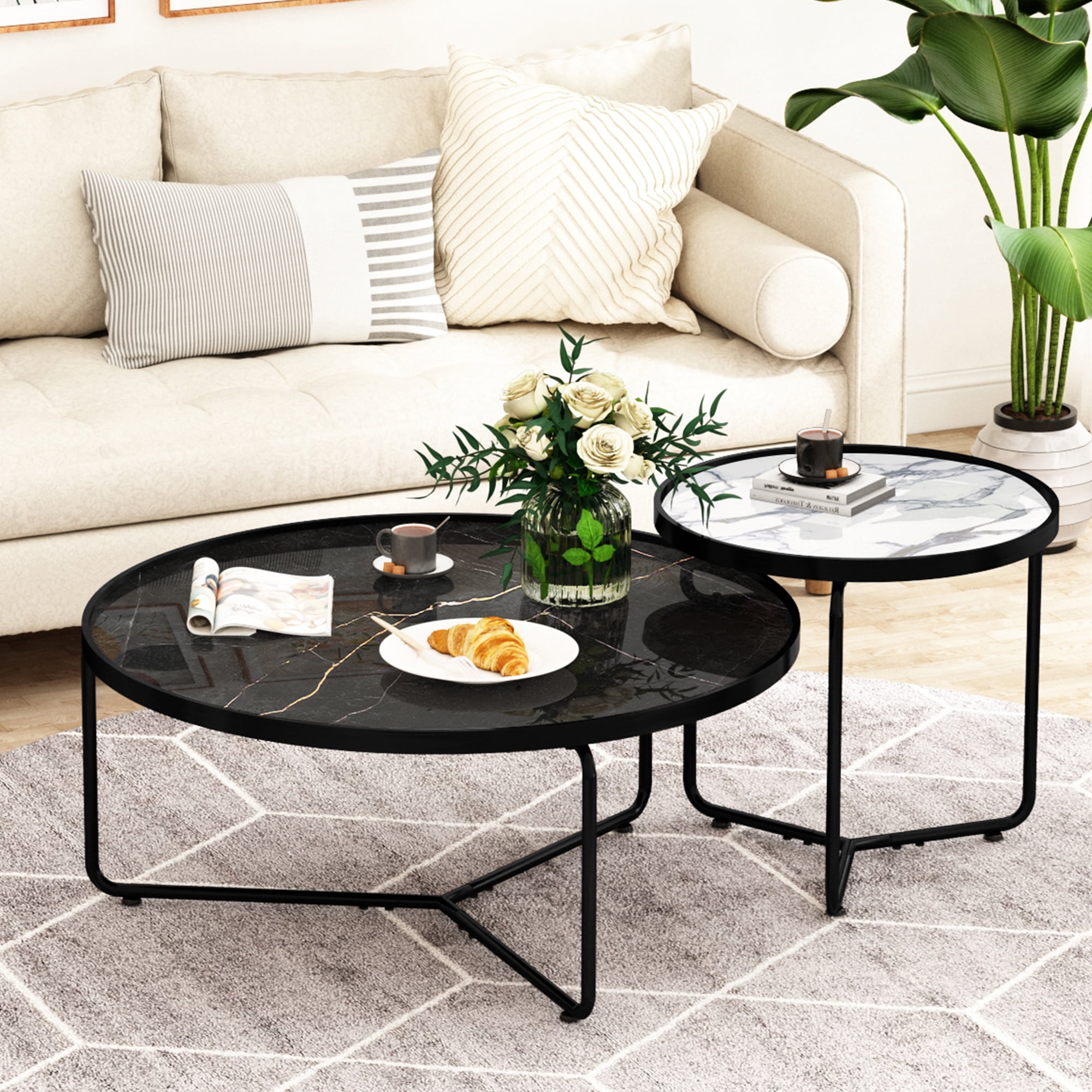 HLR Modern Coffee Table Set of 2,Nesting Coffee Table with Metal Frame and Marble Pattern Glass Top,Black Coffee Table and White End Table