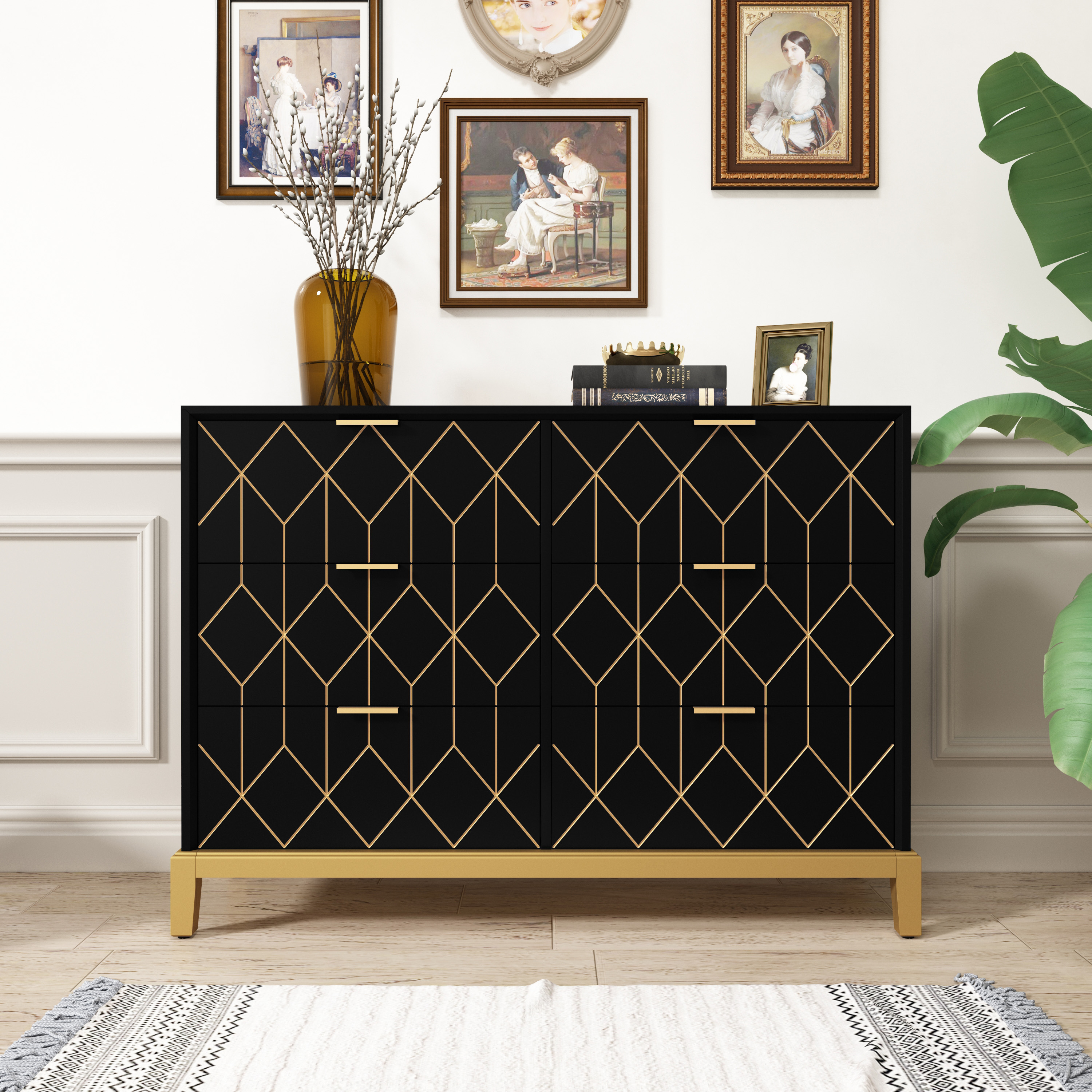 HLR Modern Dresser with Wide Drawers, Black Bedroom Dresser with Golden
