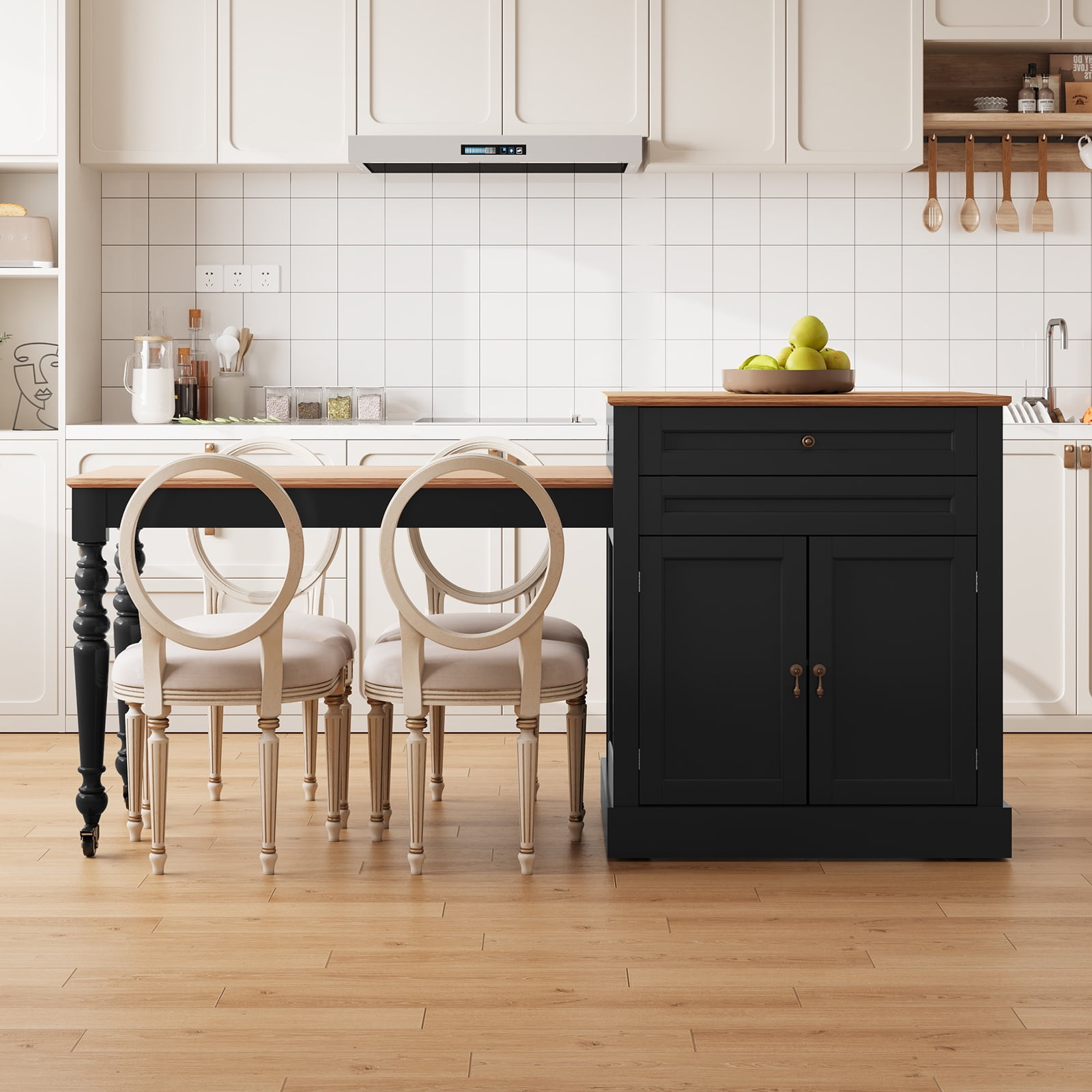 CBJCBJ Modern Extendable Kitchen Islands on Wheels with Power Outlet, Dining Table Cart with 2 Doors Storage, Black