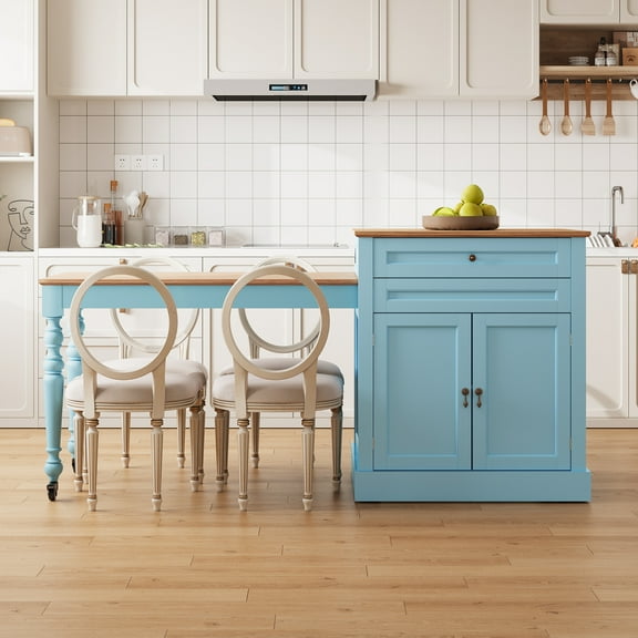 CBJCBJ Modern Extendable Kitchen Islands on Wheels with Power Outlet, Dining Table Cart with 2 Doors Storage, Blue