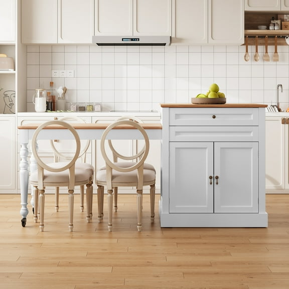 CBJCBJ Modern Extendable Kitchen Islands on Wheels with Power Outlet, Dining Table Cart with 2 Doors Storage, White