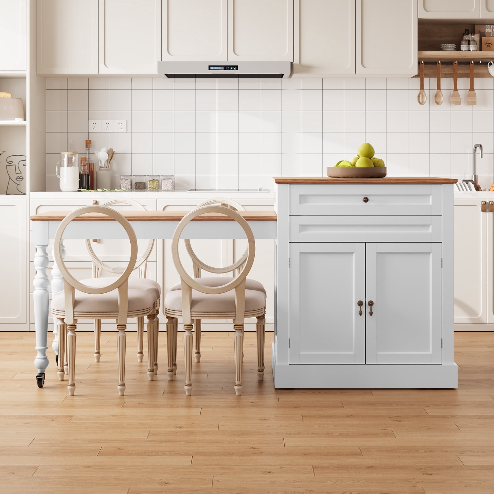 CBJCBJ Modern Extendable Kitchen Islands on Wheels with Power Outlet, Dining Table Cart with 2 Doors Storage, White