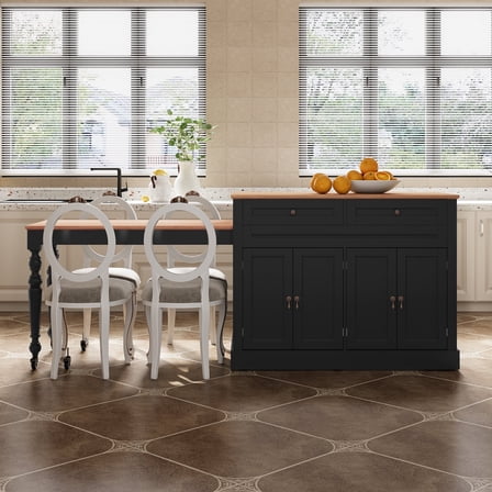 CBJCBJ Modern Extendable Kitchen Islands on Wheels with Power Outlet, Dining Table Cart with 4 Doors Storage, Black