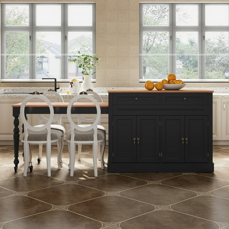 CBJCBJ Modern Extendable Kitchen Islands on Wheels with Power Outlet, Dining Table Cart with 4 Doors Storage, Black