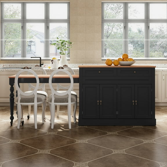 CBJCBJ Modern Extendable Kitchen Islands on Wheels with Power Outlet, Dining Table Cart with 4 Doors Storage, Black