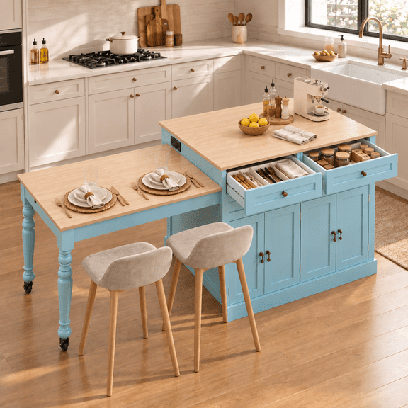 CBJCBJ Modern Extendable Kitchen Islands on Wheels with Power Outlet, Dining Table Cart with 4 Doors Storage, Blue
