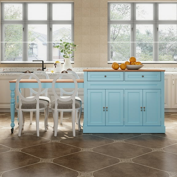 CBJCBJ Modern Extendable Kitchen Islands on Wheels with Power Outlet, Dining Table Cart with 4 Doors Storage, Blue