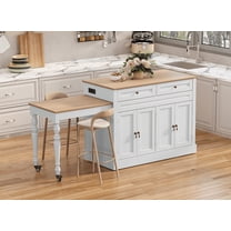 CBJCBJ Modern Extendable Kitchen Islands on Wheels with Power Outlet, Dining Table Cart with 4 Doors Storage, White