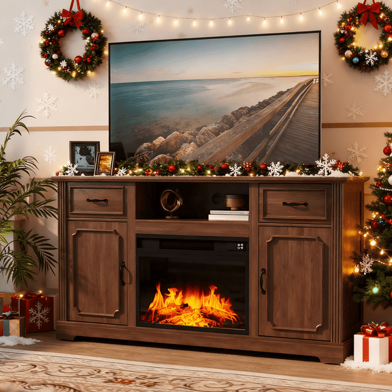 HLR Modern Fireplace TV Stand for TV up to 65'', Entertainment Center with Storage for Living Room, Brown