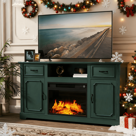 HLR Modern Fireplace TV Stand for TV up to 65'', Entertainment Center with Storage for Living Room, Green