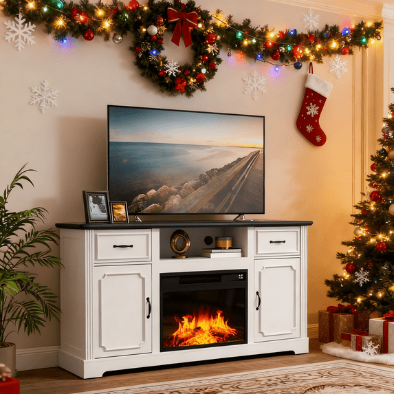 HLR Modern Fireplace TV Stand for TV up to 65'', Entertainment Center with Storage for Living Room, White