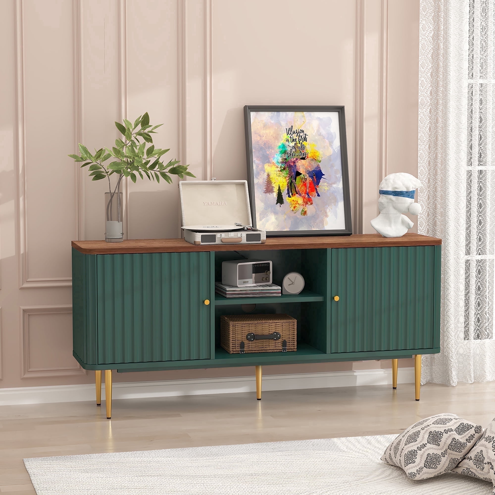 HLR Modern Fluted 55" TV Stand for 65 Inch TV with Storage, Entertainment Center for Living Room, Green