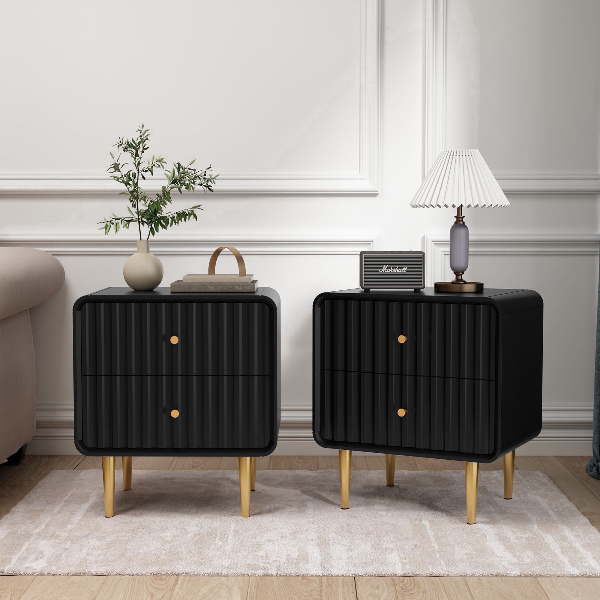 HLR Modern Fluted Wood Nightstand Set of 2 with 2 Drawers, Bedroom Black Bed SideTable with Storage