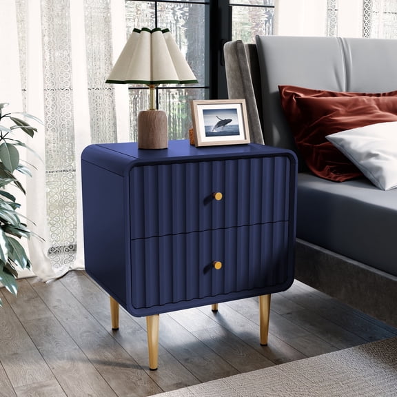 HLR Modern Fluted Wood Nightstand with 2 Drawers, Bedroom Blue Bed SideTable with Storage
