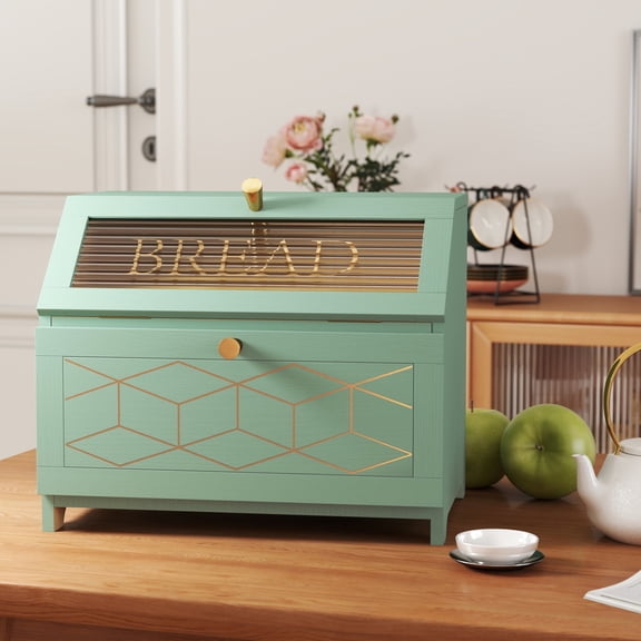 HLR Modern Large 2-Layer Wooden Bread Box, Kitchen Counter Storage, Bar Pattern Windows, Green