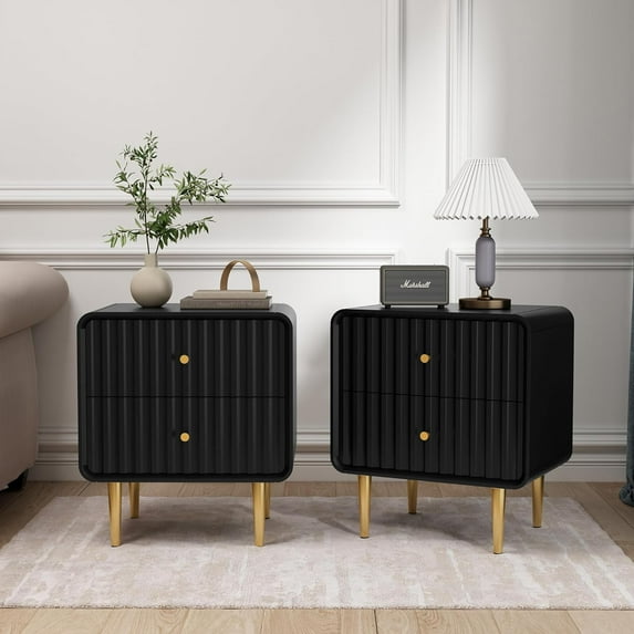 HLR Modern Nightstand Set of 2, Fluted Bed Side Table with 2 Drawers Storage, Wood End Table with Gold Metal Handle, Black Night Stands for Bedroom
