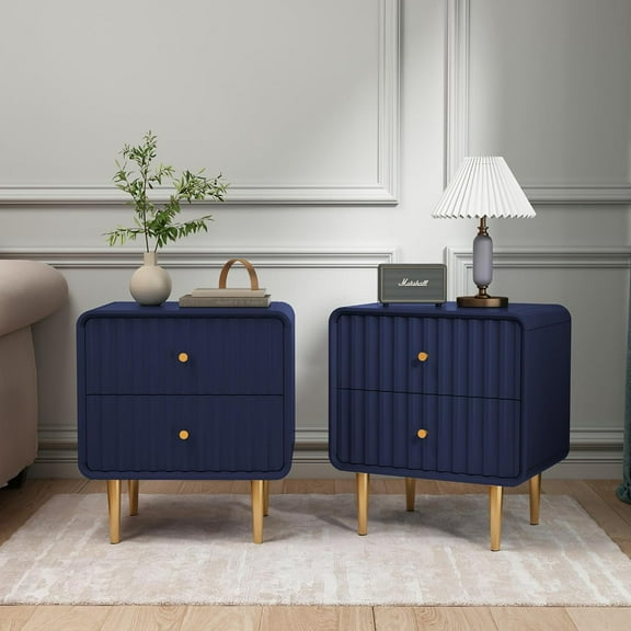 HLR Modern Nightstand Set of 2, Fluted Bed Side Table with 2 Drawers Storage, Wood End Table with Gold Metal Handle, Blue Night Stands for Bedroom