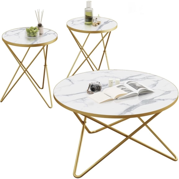 HLR Modern Round Coffee Table and Side Table Set of 3,End Table with Faux Marble Top and Gold Metal Frame, Side Table for Living Room, Bedroom, Sofa and Couch, Gold Legs, White Marble Top