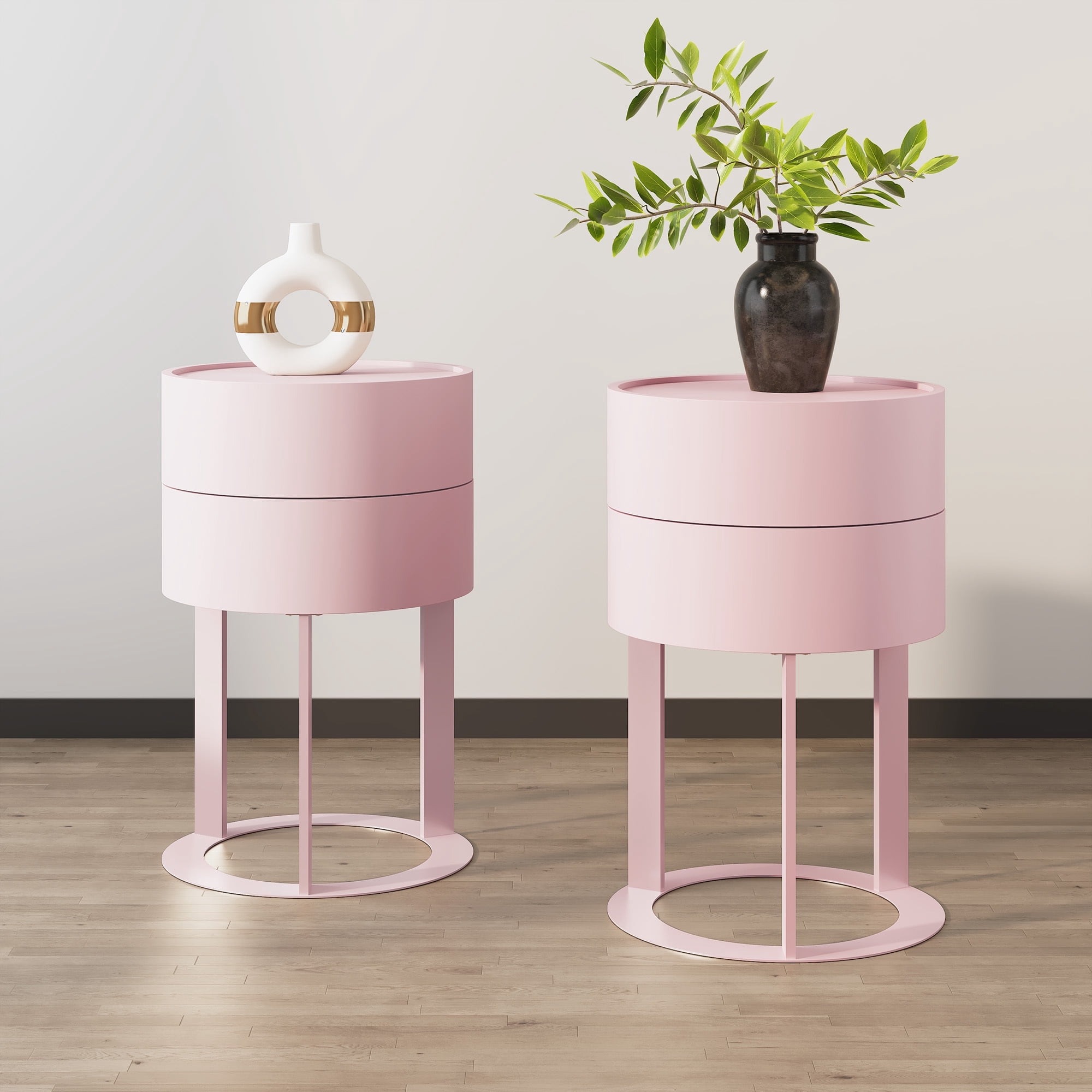 HLR Modern Round Nightstand Set of 2 with Drawer, 2-Tier End Table for Living Room, Bedroom, Pink