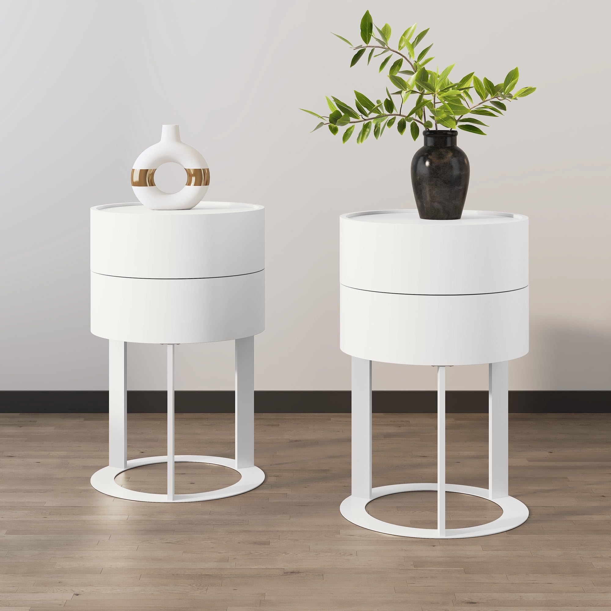 HLR Modern Round Nightstand Set of 2 with Drawer, 2-Tier End Table for Living Room, Bedroom, White