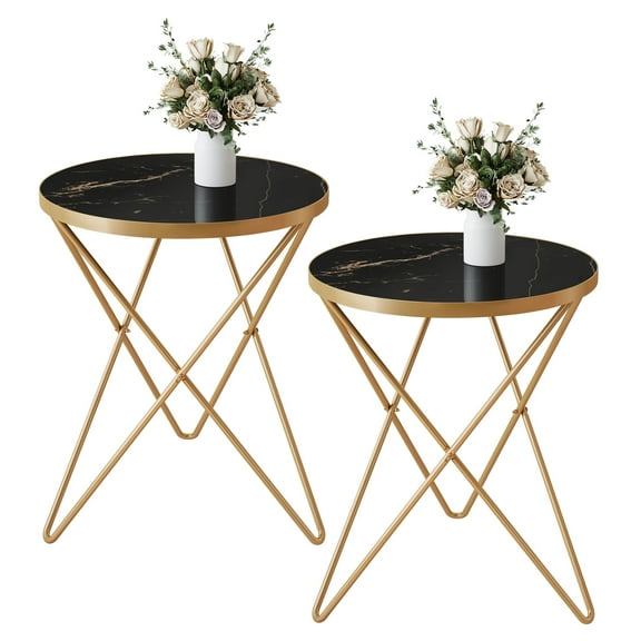 HLR Modern Round Side Table, End Tables Set of 2 with Marble Texture for Living Room, Black