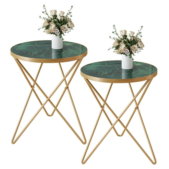 HLR Modern Round Side Table, End Tables Set of 2 with Marble Texture for Living Room, Green