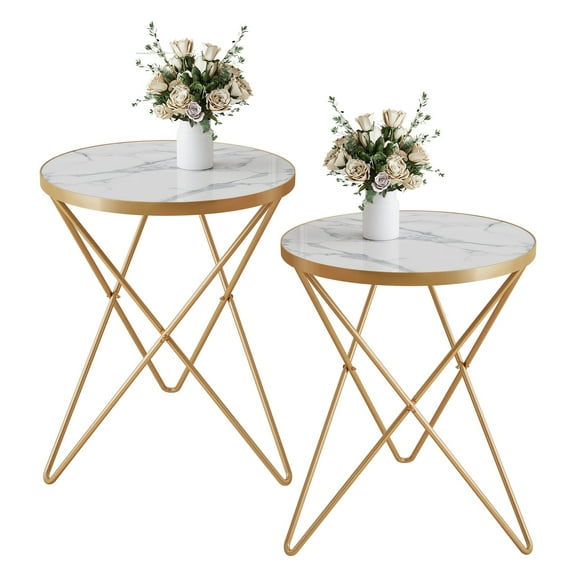 HLR Modern Round Side Table, End Tables Set of 2 with Marble Texture for Living Room, White