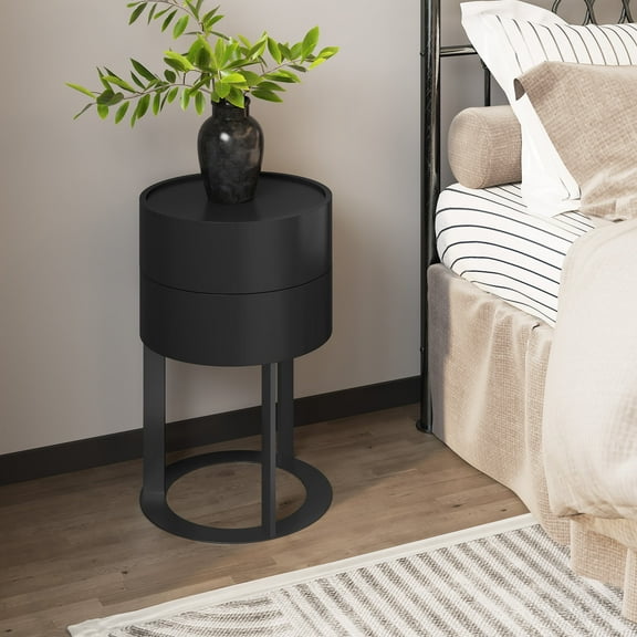 HLR Modern Round Wood Nightstand with Drawer, 2-Tier End Table for Living Room, Bedroom, Black
