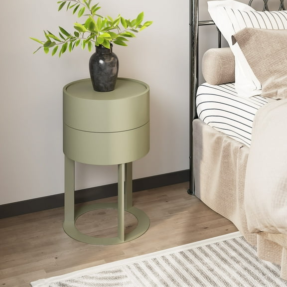 HLR Modern Round Wood Nightstand with Drawer, 2-Tier End Table for Living Room, Bedroom, Green