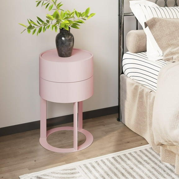 HLR Modern Round Wood Nightstand with Drawer, 2-Tier End Table for Living Room, Bedroom, Pink