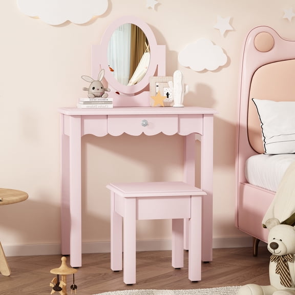 HLR Kids Vanity, 2 in 1 Princess Makeup Desk & Chair Set with  Detachable Mirror, Drawer, Wooden Pretend Play Dressing Table for Girls, Pink