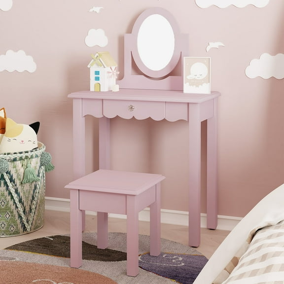 HLR Kids Vanity, 2 in 1 Princess Makeup Desk & Chair Set with  Detachable Mirror, Drawer, Wooden Pretend Play Dressing Table for Girls, Pink