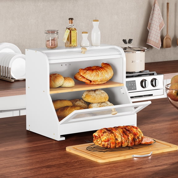 HLR Natural Bamboo Bread Box Kitchen Countertop with Cutting Board and Roll Top, White 2-Tier Large Wood Bread Bin