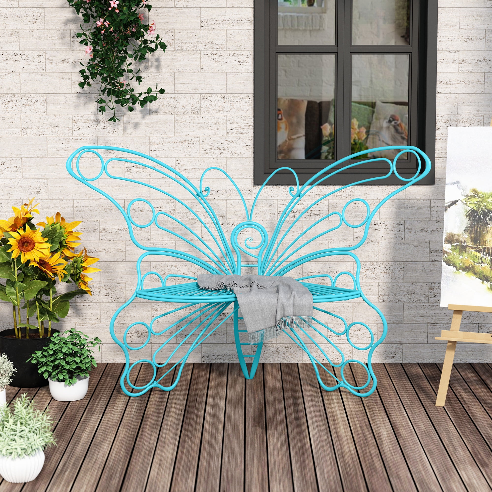 Free Shipping HLR Outdoor Bench with Butterfly Inspired Pattern 50 Metal Frame Patio Garden Bench Cast Iron Walmart