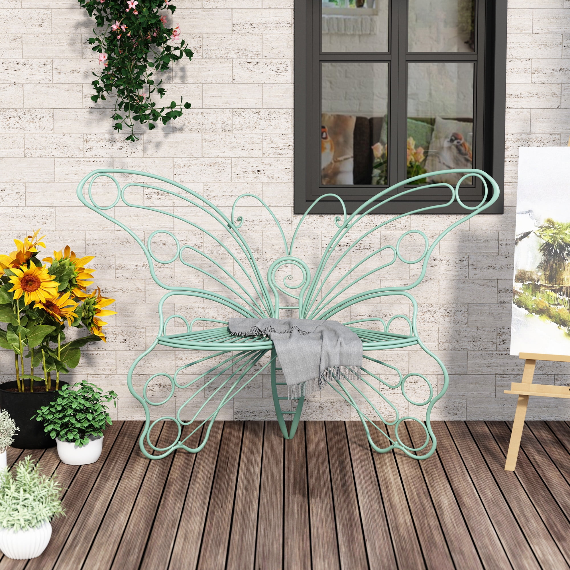 HLR Outdoor Bench with Butterfly Inspired Pattern 50 Metal Frame Patio Garden Chair Cast Iron