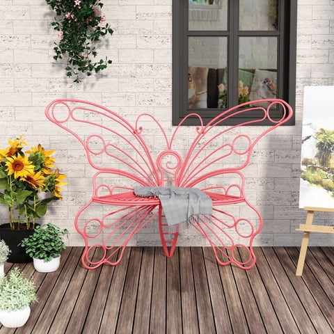 HLR Outdoor Bench with Butterfly Inspired Pattern, 50'' Metal Frame Patio Garden Chair Cast Iron, Pink