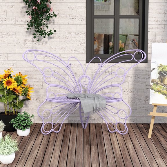 HLR Outdoor Bench with Butterfly Inspired Pattern, 50" Metal Frame Patio Garden Chair Cast Iron, Purple