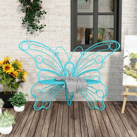 HLR Outdoor Bench with Butterfly Inspired Pattern, 50" Metal Frame Patio Garden Chair Cast Iron, Vibrant Blue