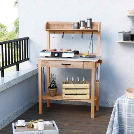 HLR Outdoor Potting Bench Table with Metal Tabletop, Potting Bench Table Large Garden Outdoor Work Bench, Metal Tabletop Workstation with Storage Cabinet Shelf