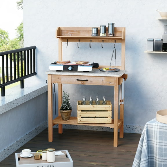 HLR Outdoor Potting Bench Table with Metal Tabletop, Potting Bench Table Large Garden Outdoor Work Bench, Metal Tabletop Workstation with Storage Cabinet Shelf