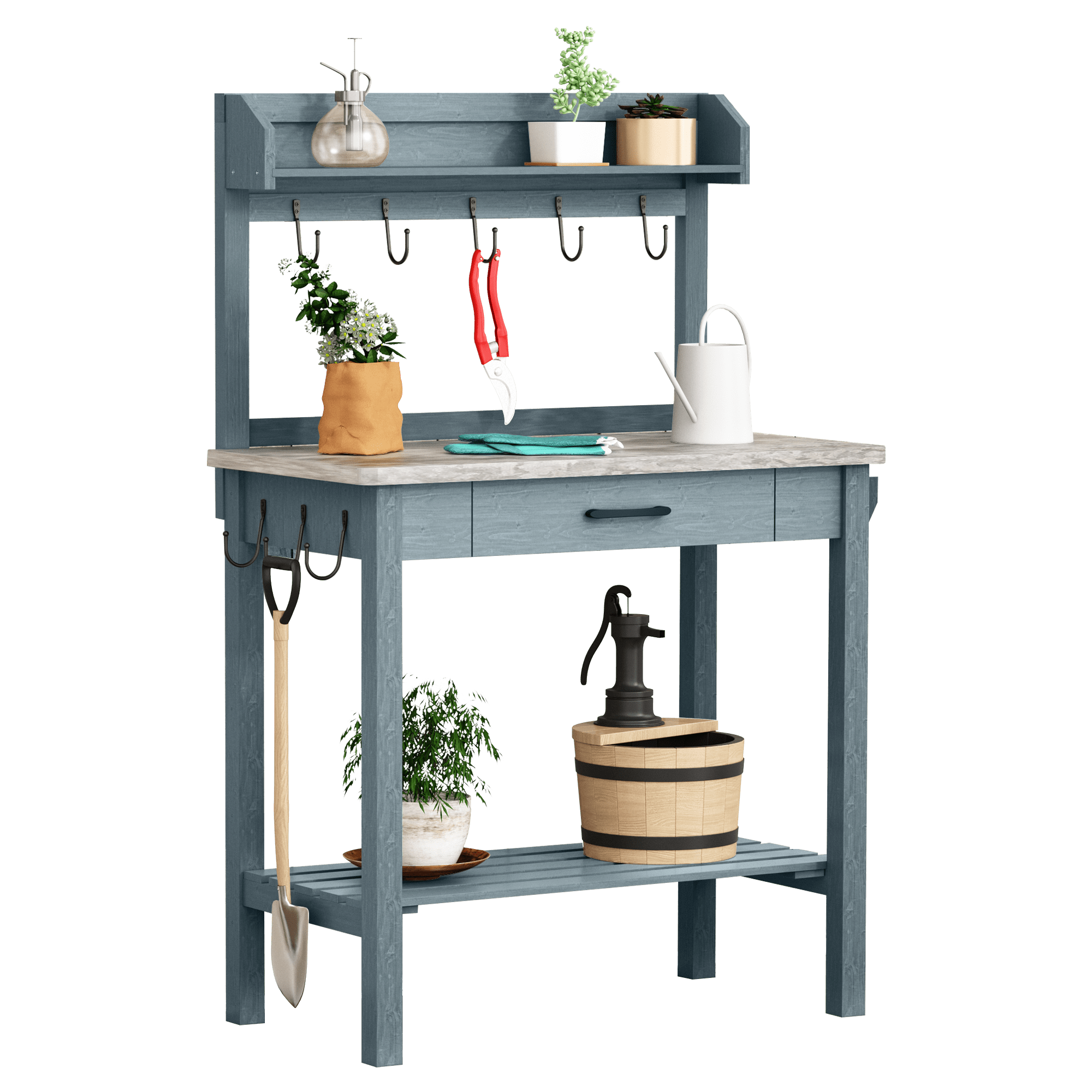 HLR Outdoor Potting Bench Table with Metal Tabletop, Potting Bench