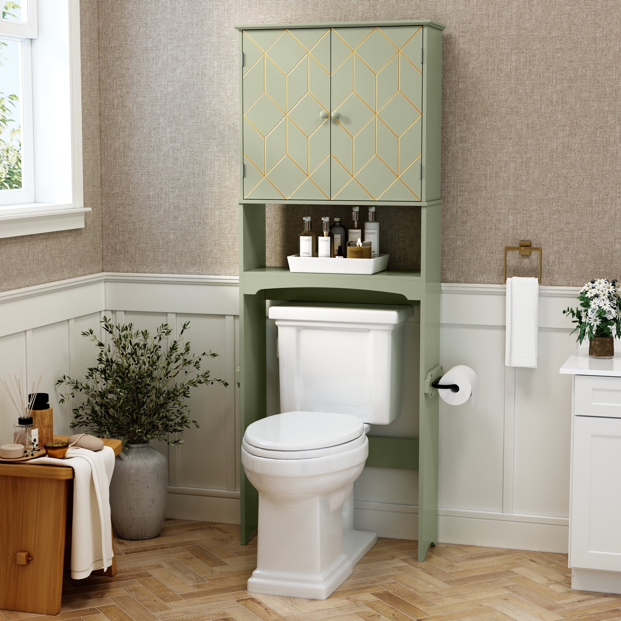 HLR Over The Toilet Storage Cabinet, Bathroom Above Toilet Storage Cabinet with Doors and Adjustable Shelves, Green