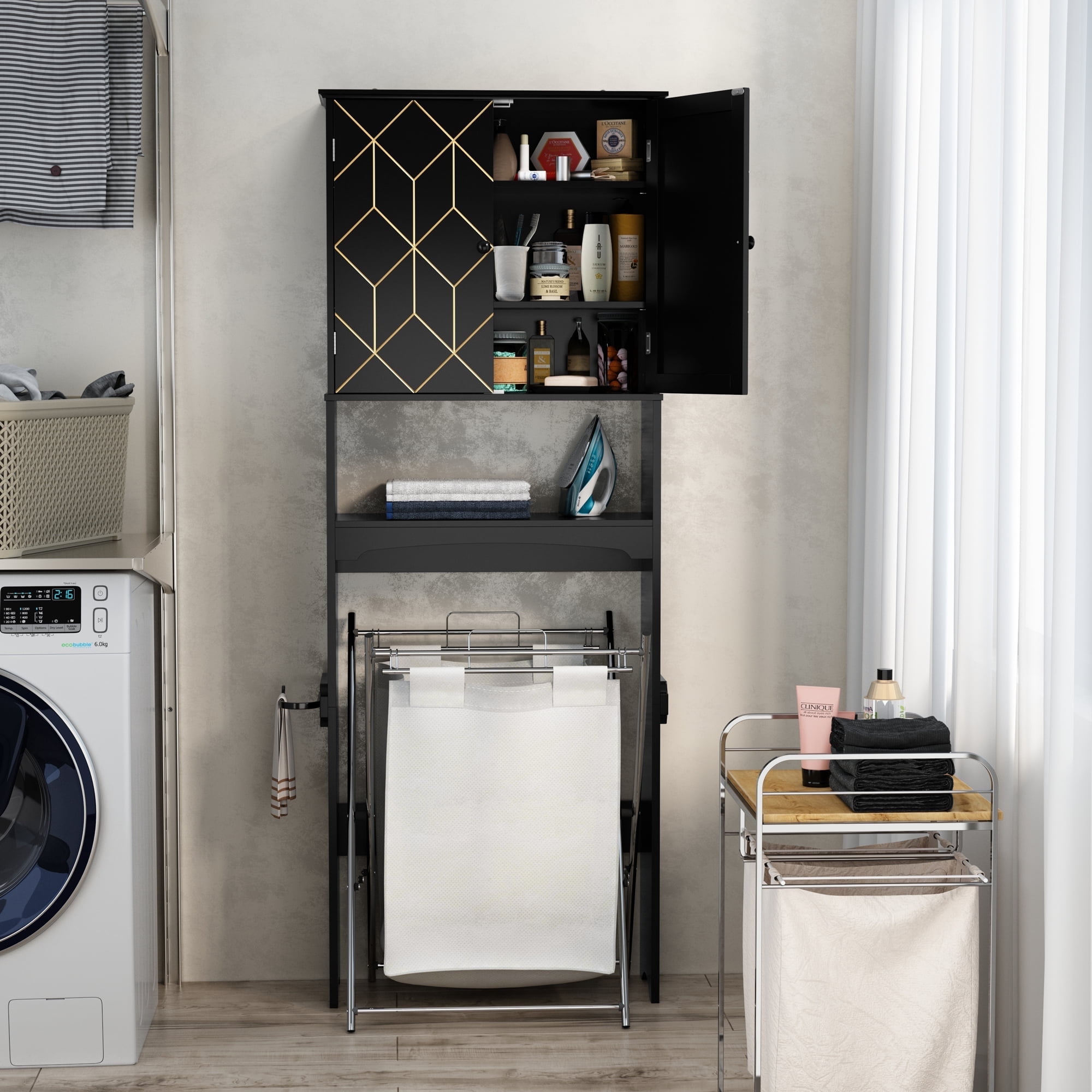 HLR Over The Toilet Storage Cabinet, Bathroom Above Toilet Storage Cabinet with Doors and Adjustable Shelves, Black