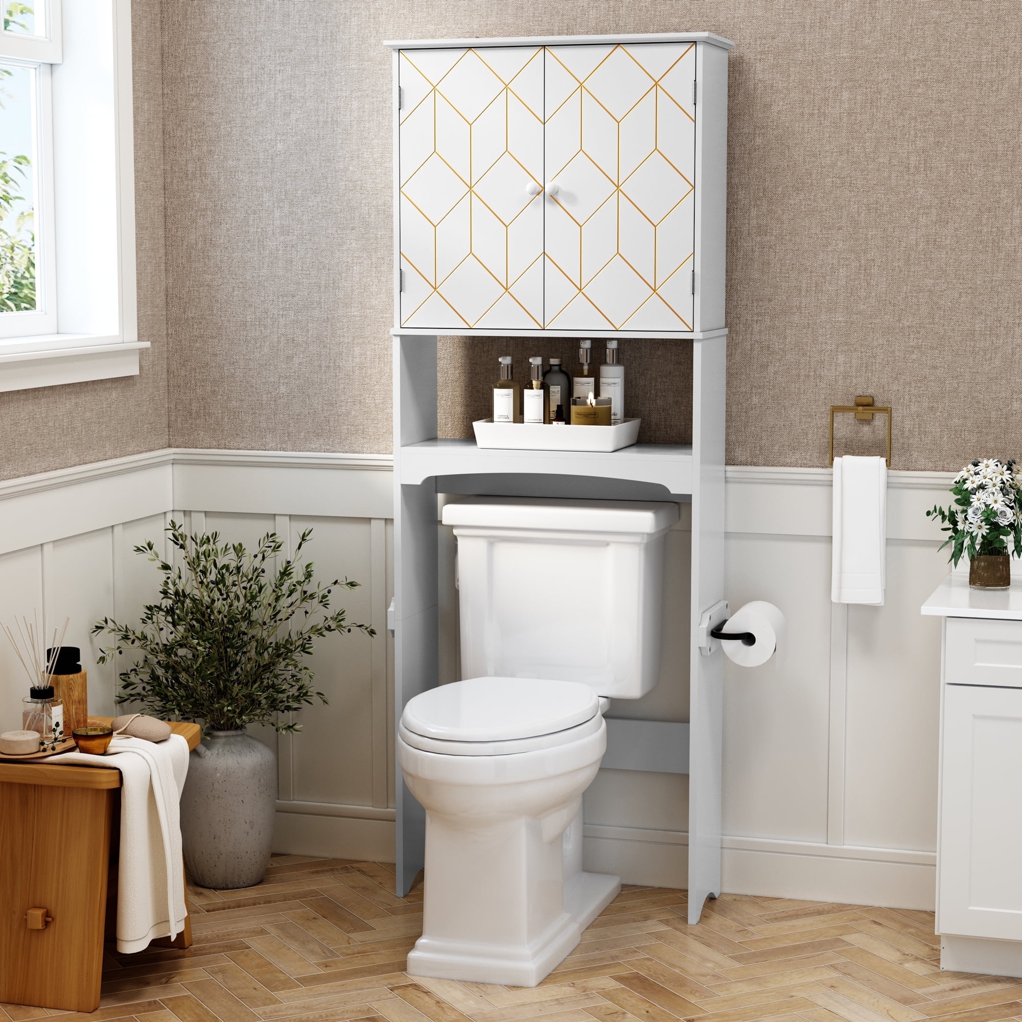 HLR Over The Toilet Storage Cabinet, Bathroom Above Toilet Storage Cabinet with Doors and Adjustable Shelves, White
