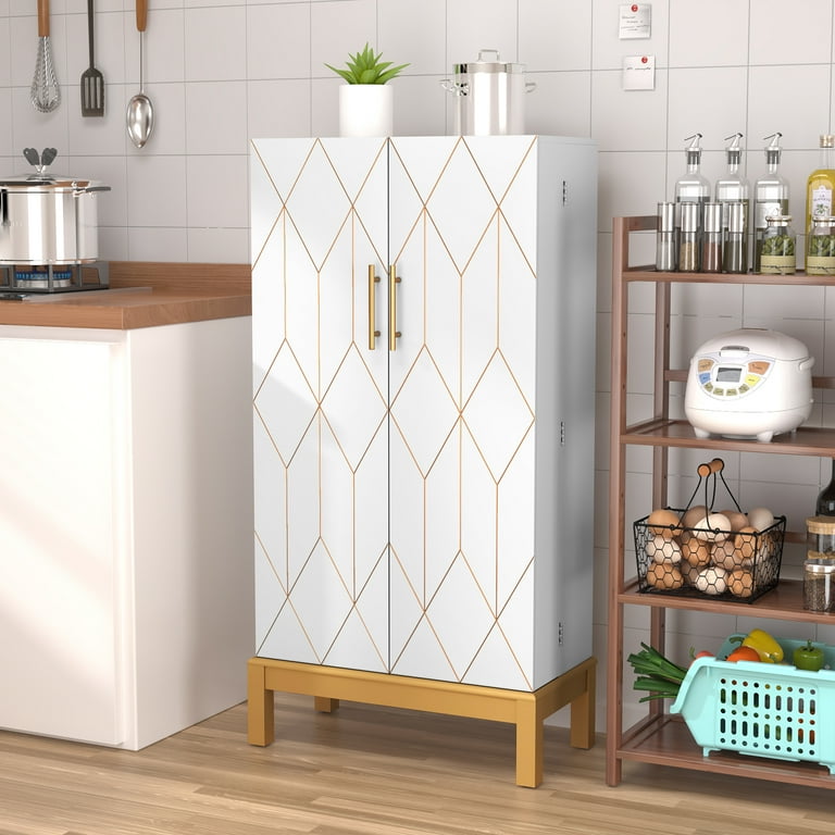 HLR Pantry Storage Cabinet 45 Inches Kitchen Pantry Storage Cabinet with Doors and Adjustable Shelves Kitchen Pantry with Golden Line and Legs