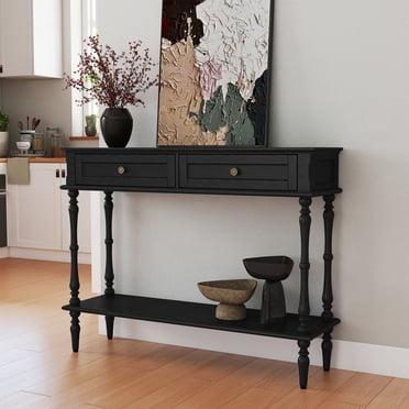 HLR Pre-Assembled Black Retro Console Table for Entryway with 2 Drawers, Storage Cabinets & Shelf