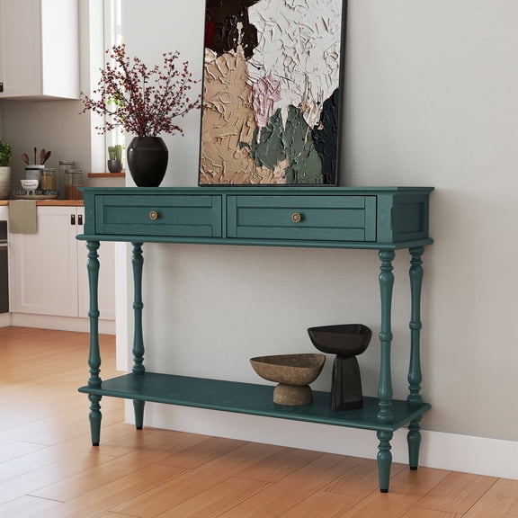 HLR Pre-Assembled Green Retro Console Table for Entryway with 2 Drawers, Storage Cabinets & Shelf